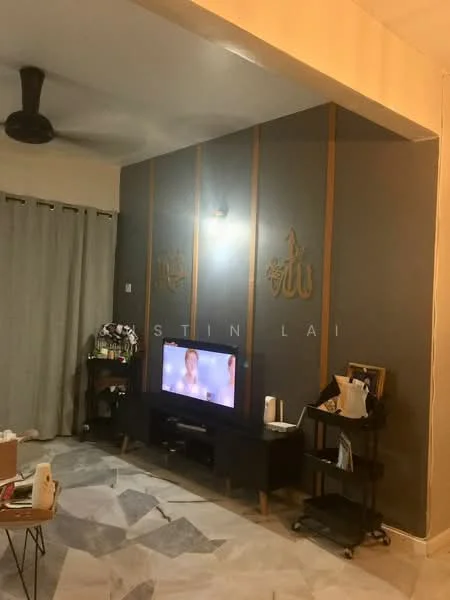 Living features: grey accent wall, gold vertical stripes on wall, marble tile flooring, ceiling fan, wall-mounted TV, TV console, curtains, decorative items on shelf, small side table; style: modern.