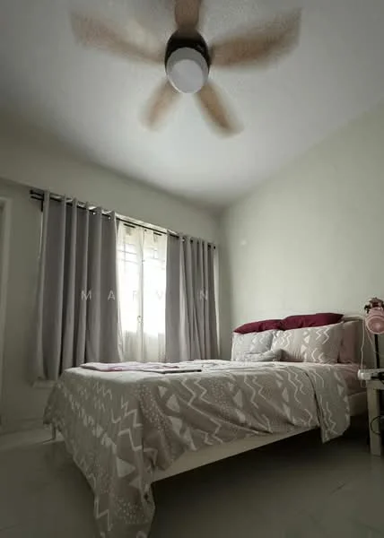 Bedroom features: queen-size bed, upholstered headboard, bedside lamp, grey curtains, floor-to-ceiling window, light-colored walls, ceiling fan with light, decorative bedding with geometric pattern, wooden flooring; style: modern.