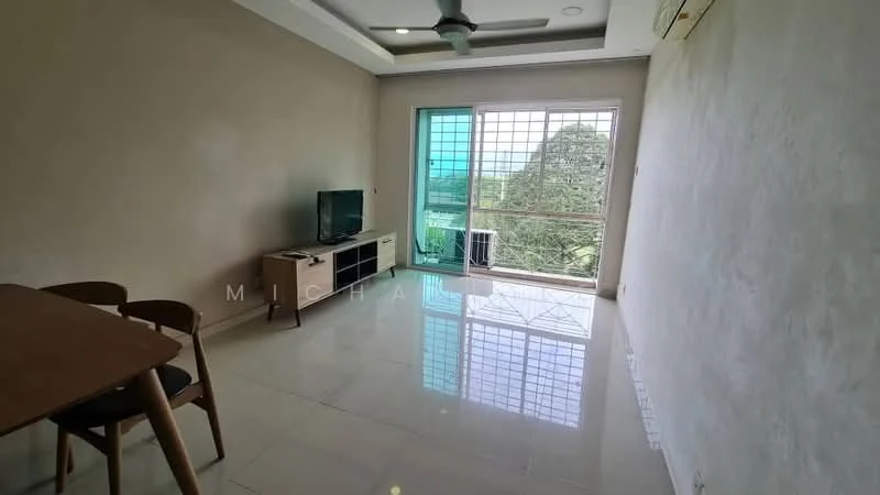 Living features: cream painted walls, polished ceramic tile flooring, 5-blade ceiling fan, floor-to-ceiling windows, sliding glass door, TV console, wall-mounted TV, dining table with chairs, natural light from window, view of greenery; style: modern; view: garden.