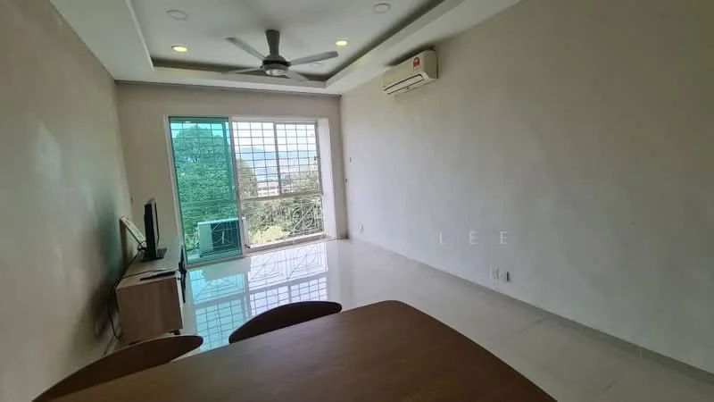 Living features: 5-blade ceiling fan with light, wall-mounted split AC, floor-to-ceiling windows, sliding glass door, light-colored painted walls, glossy tile flooring, TV console, dining table with chairs; style: modern; view: garden.