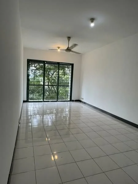 Living features: white painted walls, glossy white tile flooring, 5-blade ceiling fan with light, floor-to-ceiling windows, black window frames, natural light from windows, no visible furniture, neutral color scheme; style: modern; view: garden.