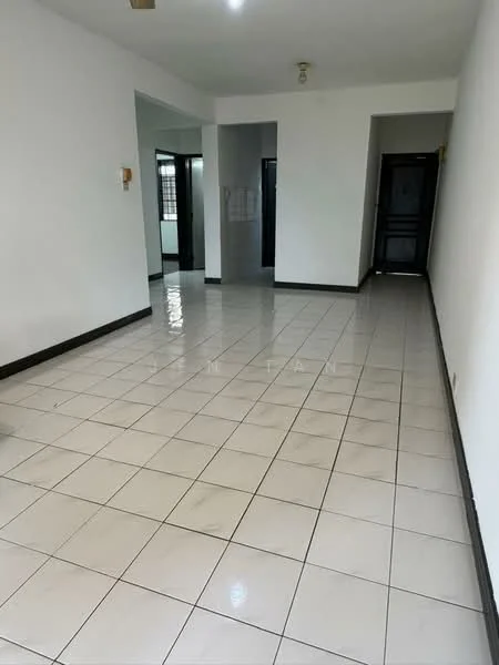 Room features: white painted walls, glossy ceramic tile flooring, recessed ceiling lights, multiple doorways, large windows, neutral color scheme, open layout, no visible furniture; style: modern.