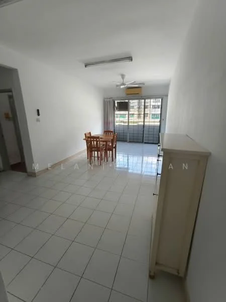 Dining features: white painted walls, tile flooring, 5-blade ceiling fan with light, dining table with 4 wooden chairs, sliding glass door, curtains, window with city view, light fixture, neutral decor; style: modern; view: city. Room features: white painted walls, tile flooring.