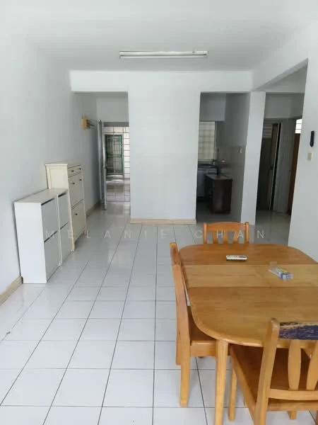Dining features: wooden dining table, four wooden dining chairs, white painted walls, white tiled flooring, recessed ceiling lights, open layout, window with view to outside, sideboard cabinet; style: minimalist. Kitchen features: white cabinetry, stainless-steel sink, countertop, kitchen appliances visible, tile backsplash; style: minimalist.