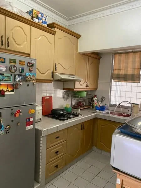 Kitchen features: light wood cabinetry, white tiled backsplash, grey countertop, stainless-steel fridge, built-in gas stove, exhaust hood, white ceramic sink, window with roller blinds, tile flooring, kitchen appliances, decorative magnets on fridge; style: traditional.