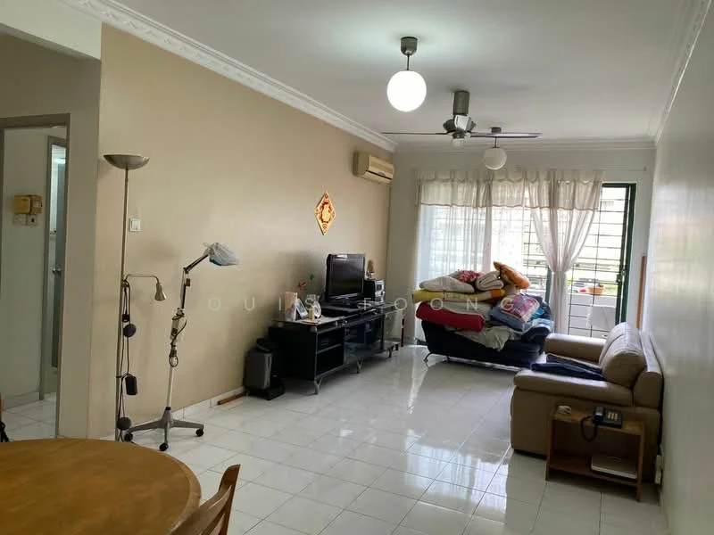 Living features: white painted walls, glossy ceramic tile flooring, 5-blade ceiling fan with light, wall-mounted TV, black TV console, sofa in beige, coffee table, floor lamp, curtains on windows, air conditioning unit, decorative wall art, stack of cushions on sofa; style: modern.