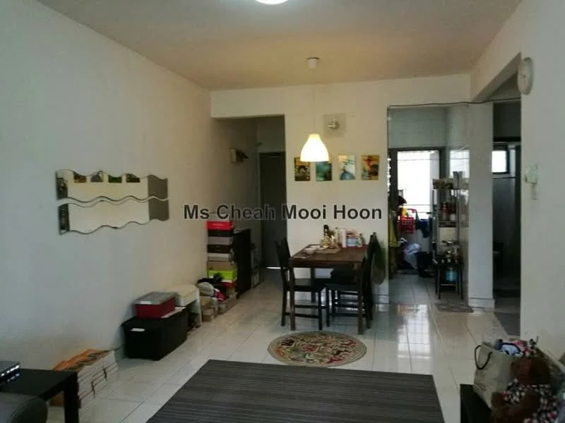Living features: white painted walls, glossy tile flooring, 5-blade ceiling fan with light, pendant lamp, area rug with circular pattern, sofa, dining table with chairs, decorative wall mirror, wall-mounted artwork, storage boxes, open layout to adjacent room; style: modern. Room features: white painted walls, glossy tile flooring, visible dining area, open layout, natural light from windows.