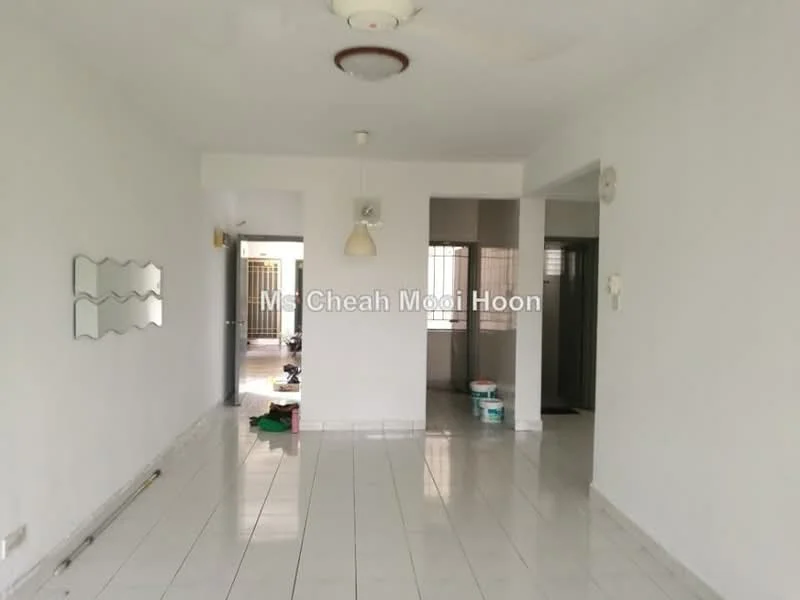 Room features: white painted walls, glossy white tile flooring, ceiling fan, recessed downlights, pendant light, mirror wall decor, open layout, natural light from windows; style: minimalist.
