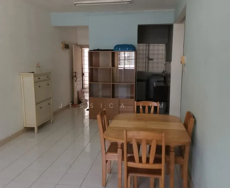 Dining features: wooden dining table with four chairs, white tiled flooring, light blue painted walls, glass display cabinet, doorway leading to another room, natural light from window, ceiling light fixture, open layout to kitchen area. Kitchen features: kitchen counter with sink, dark cabinetry, window above sink, tile backsplash, appliances visible in background.
