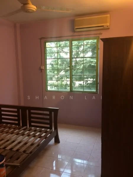 Room features: purple painted walls, tile flooring, window with view of trees, 1 wall-mounted split AC, ceiling fan, wooden bed frame without mattress, wooden wardrobe; view: garden.