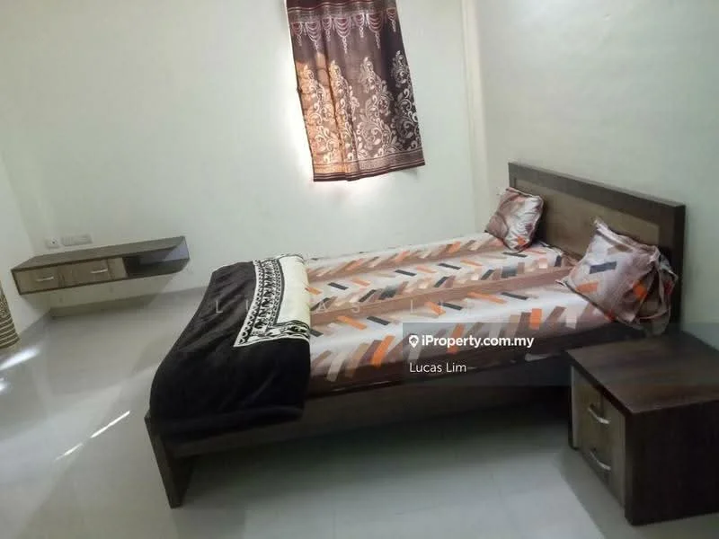 Bedroom features: queen-size bed, wooden bed frame, two bedside tables, decorative bedspread with geometric pattern, floor-to-ceiling window with sheer curtains, light-colored walls, glossy tile flooring, wall-mounted shelf; style: modern.