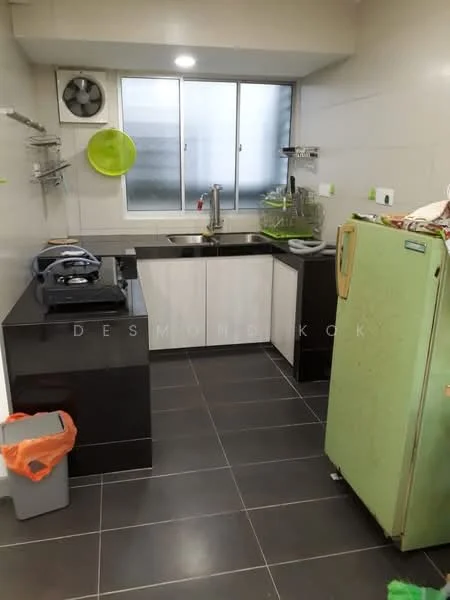 Kitchen features: green fridge, single-bowl stainless-steel sink, chrome pull-down faucet, black countertop, white cabinetry, gas stove, exhaust fan, window with grid, grey tiled flooring, wall-mounted shelving; style: modern.