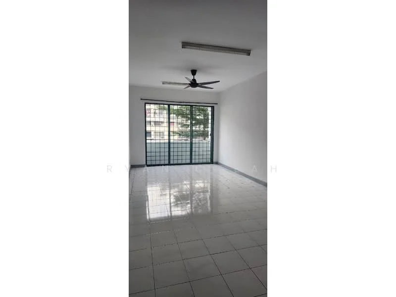 Room features: white painted walls, glossy ceramic tile flooring, ceiling fan, sliding glass door, floor-to-ceiling windows, natural light from windows, view of greenery outside; style: modern; view: garden.