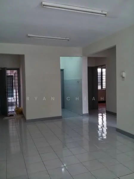 Room features: white painted walls, glossy ceramic tile flooring, fluorescent ceiling lights, multiple doorways, windows with metal grilles, neutral color scheme, open layout, no visible furniture; style: modern.