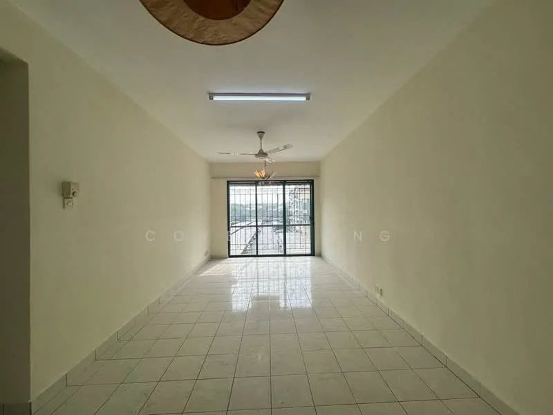 Living features: white painted walls, glossy ceramic tile flooring, 5-blade ceiling fan with light, large sliding glass door, grid-patterned window, natural light from window, neutral color scheme, open layout; style: modern; view: garden.