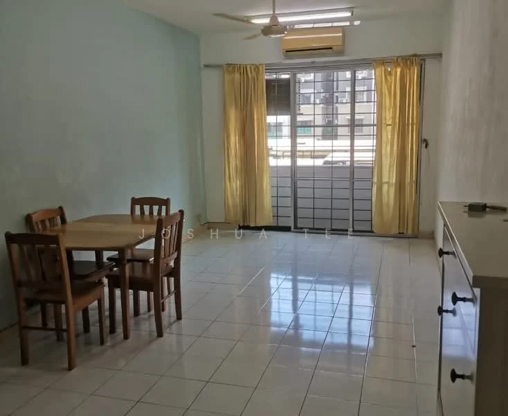Living features: light blue painted walls, white tiled flooring, 5-blade ceiling fan, large sliding glass door, curtains in yellow, dining table with four wooden chairs, sideboard with drawers, air conditioning unit.