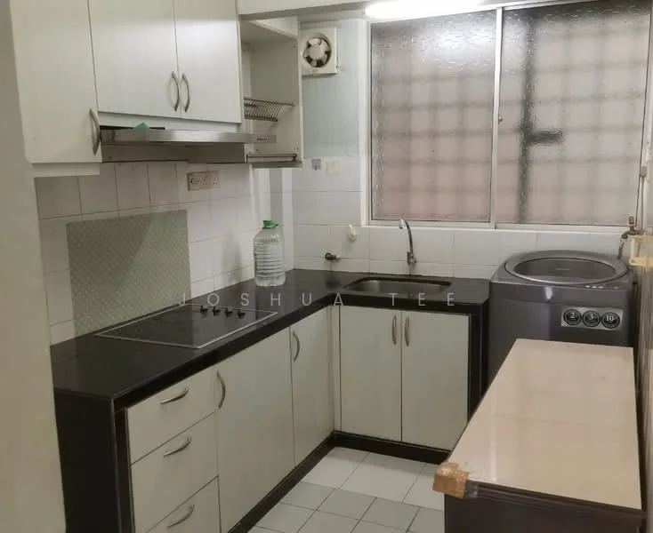 Kitchen features: black countertop, white cabinetry, stainless-steel sink, chrome faucet, built-in stove with exhaust hood, washing machine, tile flooring, window with grid pattern, wall-mounted shelf.