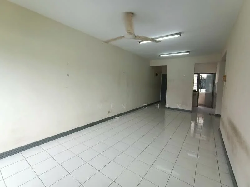 Room features: white painted walls, glossy white tile flooring, ceiling fan, fluorescent ceiling lights, open layout, large windows, neutral color scheme, no visible furniture; style: minimalist.