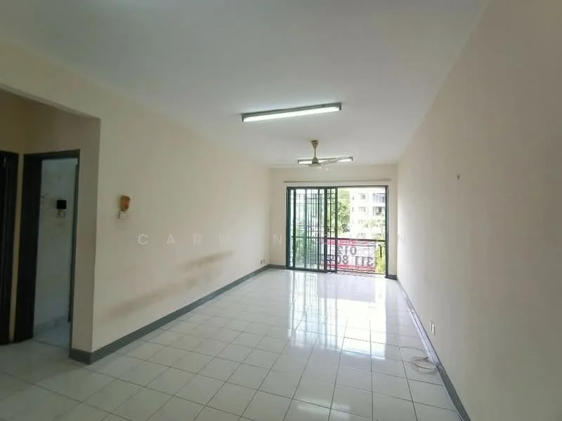 Living features: white painted walls, glossy ceramic tile flooring, 5-blade ceiling fan with light, sliding glass door, floor-to-ceiling windows, balcony access, neutral color scheme, no visible furniture; view: garden.