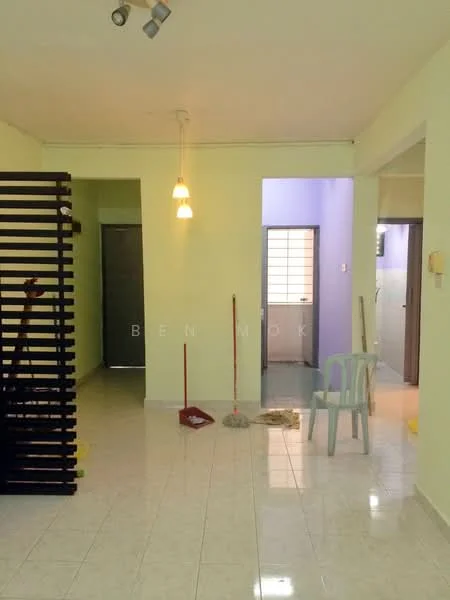 Room features: light yellow painted walls, white tiled flooring, recessed ceiling lights, sliding door, partition wall with horizontal slats, cleaning tools visible, plastic chair, open layout; style: modern.