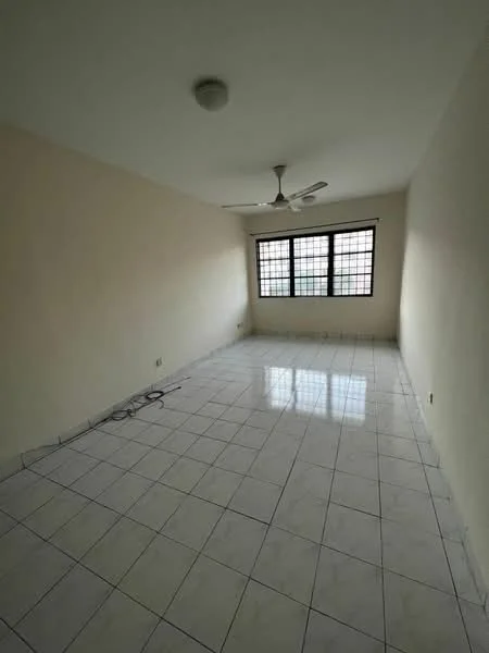 Room features: white painted walls, ceramic tile flooring, ceiling fan, large windows, natural light, empty space, power outlet, neutral color scheme.
