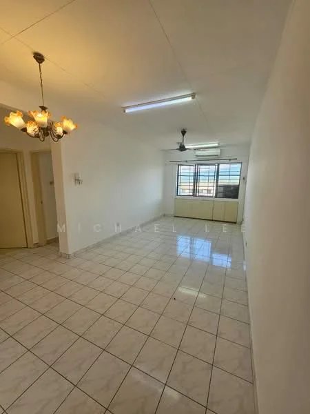 Living features: white painted walls, white ceiling, tile flooring, chandelier light fixture, ceiling fan, large window with city view, window sill, neutral color scheme; style: modern; view: city.