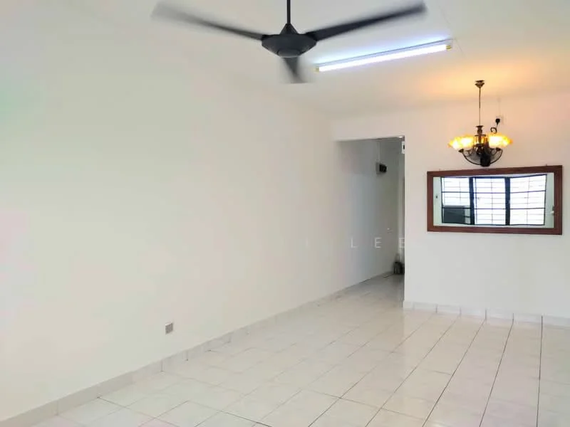 Living features: white painted walls, glossy white floor tiles, 5-blade ceiling fan with light, chandelier, wall-mounted mirror, window with grid pattern, recessed lighting, open layout; style: modern.