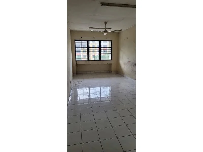 Room features: white painted walls, glossy white tile flooring, ceiling fan, large window with black metal frame, natural light from window, empty space.