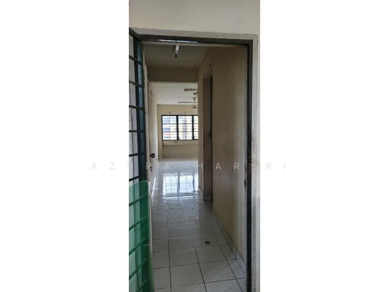 Room features: white painted walls, glazed ceramic tile flooring, ceiling with fluorescent lights, window with grid pattern, door with glass panel, open layout, neutral color scheme.