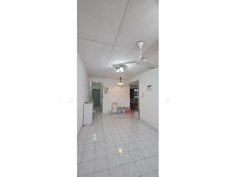 Room features: white painted walls, white ceiling, ceiling fan, recessed lighting, tile flooring, open layout, one window, one door, furniture including a chair, refrigerator, storage area, light fixture; style: minimalist.