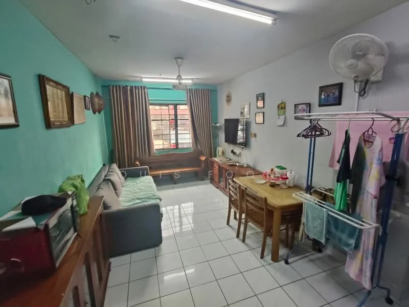 Living features: grey fabric sofa, wooden coffee table, TV console, wall-mounted TV, ceiling fan, white tiled flooring, green painted walls, curtains on windows, decorative wall frames, dining table with wooden chairs, clothes rack, shelves with decorative items; style: modern.