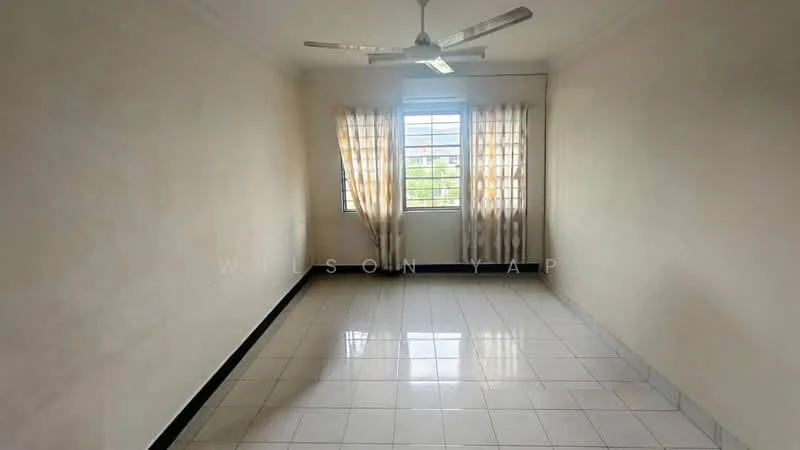 Room features: white painted walls, ceiling fan, floor-to-ceiling windows, sheer curtains, blackout curtains, glossy ceramic tile flooring, corner window, natural light, neutral color scheme.