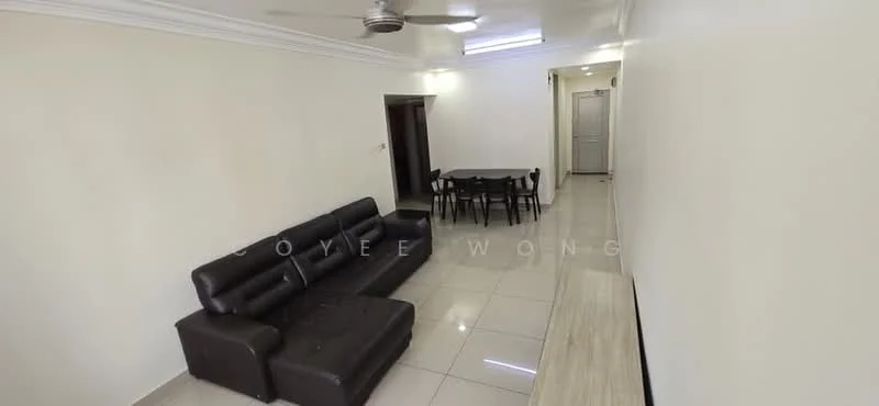 Living features: 3-seater leather sofa in black, coffee table, dining table for 6, ceramic tile flooring, white painted walls, recessed downlights, ceiling fan, TV console, wall-mounted TV, neutral color decor; style: modern.