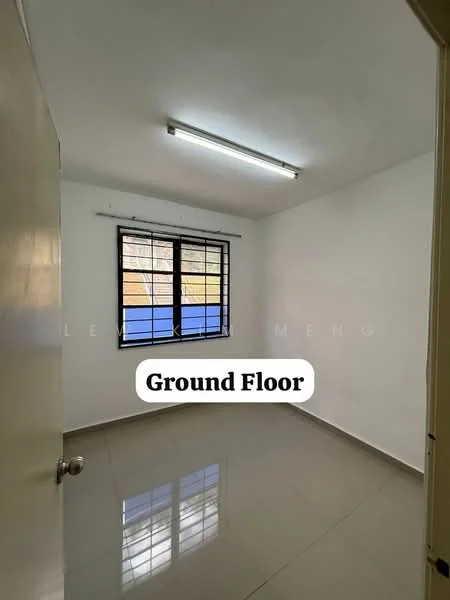 Room features: white painted walls, grey tiled flooring, ceiling light fixture, black framed windows, window with horizontal bars, single door, no visible furniture.