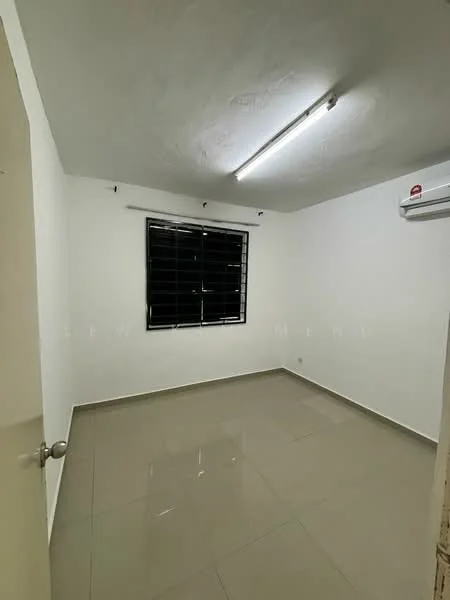 Room features: white painted walls, glossy ceramic tile flooring, black window with horizontal slats, 1 wall-mounted split AC, fluorescent ceiling light, door with round knob, no visible furniture or decor.