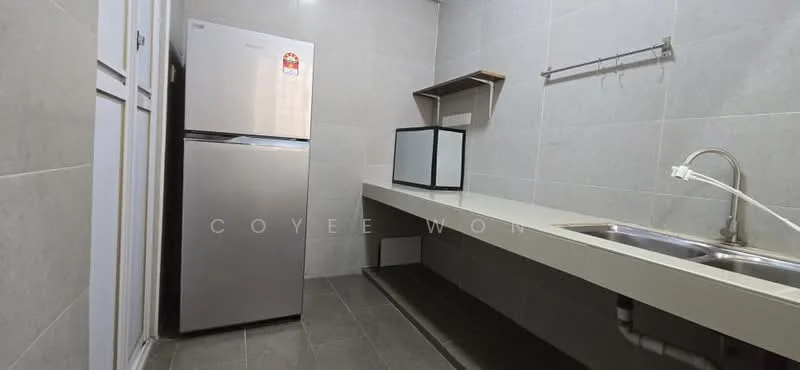 Kitchen features: stainless-steel fridge, single-bowl stainless-steel sink, chrome pull-down faucet, grey tiled walls, grey tiled flooring, white countertop, open shelving, wall-mounted rack; style: modern.