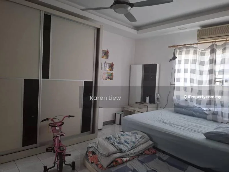 Bedroom features: queen-size bed with blue bedding, upholstered headboard, built-in wardrobe with sliding doors, white painted walls, ceiling fan, window with sheer curtains, white tile flooring, nightstand with lamp, small dresser, pink tricycle; style: modern.