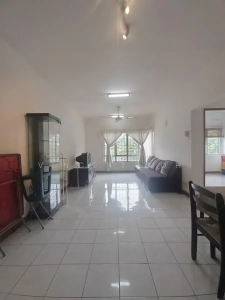 Living features: white painted walls, glossy ceramic tile flooring, 5-blade ceiling fan with light, large window with sheer curtains, sofa with cushions, TV console, glass display cabinet, dining table with chairs; style: modern.