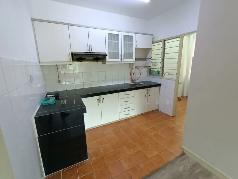 Kitchen features: black granite countertop, white cabinetry with glass-front upper cabinets, stainless-steel sink, chrome pull-down faucet, built-in oven, freestanding range oven, ceramic tile flooring, white tiled backsplash, exhaust hood, window with metal grille, light fixture on ceiling; style: modern.