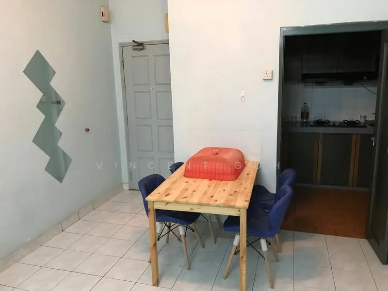 Dining features: wooden dining table, blue upholstered dining chairs, white tiled flooring, light grey painted walls, kitchen area visible in background, doorway leading to kitchen, decorative wall feature, ceiling light fixture; style: modern.