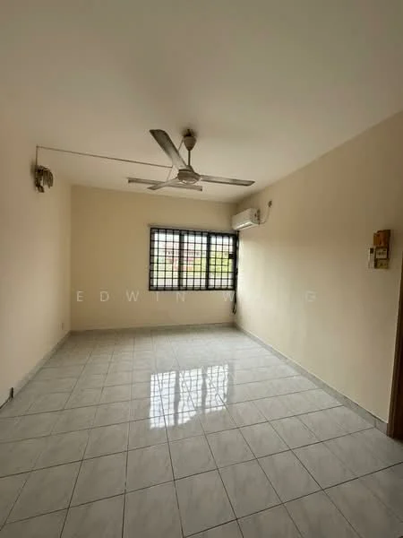 Room features: white painted walls, glossy ceramic tile flooring, 5-blade ceiling fan, wall-mounted split AC, grille window, natural light from window; style: minimalist.
