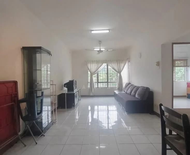 Living features: white painted walls, glossy white tile flooring, 5-blade ceiling fan with light, large windows with sheer curtains, sofa in dark grey, TV console, wall-mounted TV, glass display cabinet, dining table with chairs, decorative wall clock; style: modern; view: garden.