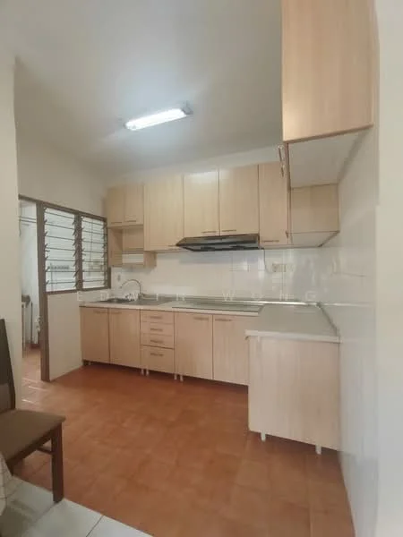 Kitchen features: light wood cabinetry, stainless-steel sink, chrome pull-down faucet, built-in stove with exhaust hood, ceramic tile backsplash, countertop with laminate finish, tile flooring in terracotta color, window with security bars, overhead fluorescent lighting; style: modern.
