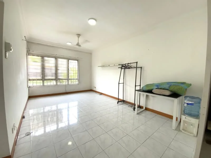 Room features: white painted walls, glossy ceramic tile flooring, ceiling fan, large windows with grilles, natural light, shelves mounted on wall, water dispenser, clothes rack, neutral color scheme; style: minimalist; view: garden.