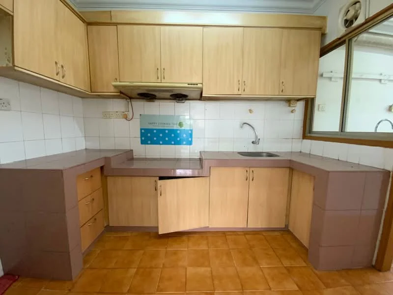 Kitchen features: light wood cabinetry, brown laminate countertop, single-bowl stainless-steel sink, chrome faucet, built-in range hood, tile backsplash, white tiled walls, brown tiled flooring.