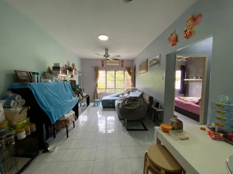 Living features: white painted walls, glossy white tile flooring, 5-blade ceiling fan with light, large windows with sheer curtains, sofa chair, bed, dining table with stools, decorative wall art, shelves with various items, blue cover on furniture; style: modern.