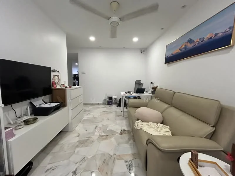 Living features: cream leather sofa, marble tile flooring, wall-mounted TV, white media console, decorative items on console, ceiling fan, recessed lighting, neutral painted walls, artwork on wall; style: modern.