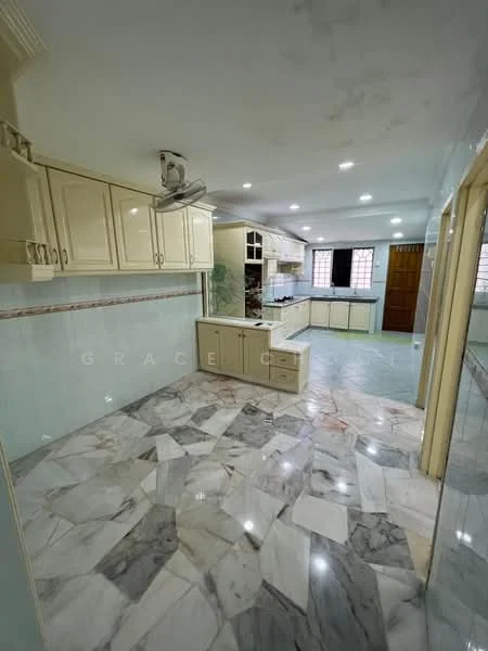 Kitchen features: cream cabinetry, marble flooring, white tiled walls, recessed downlights, ceiling fan, kitchen island, built-in oven, stainless-steel sink, countertop space, window with natural light, open layout, pantry area; style: modern.