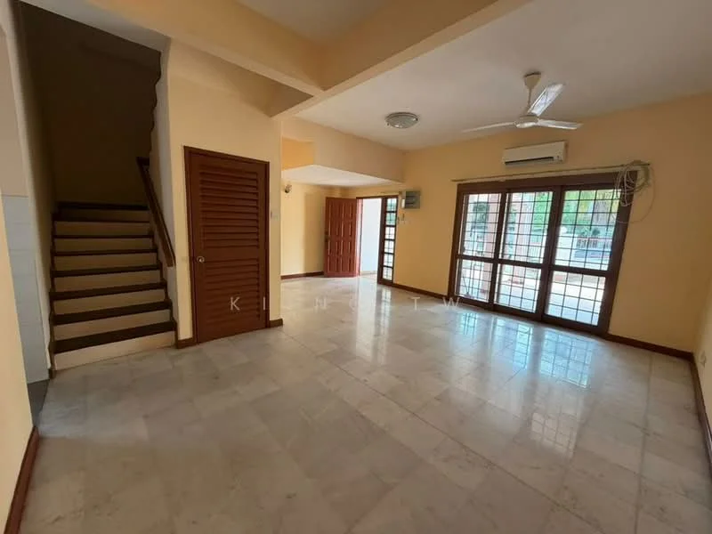 Living features: marble flooring, cream painted walls, 5-blade ceiling fan, recessed downlights, large windows with grid pattern, sliding glass door, air conditioning unit, open layout, staircase leading to upper floor, wooden door, window treatments, natural light; style: modern.