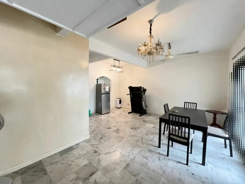 Dining features: marble tile flooring, cream painted walls, chandelier, 5-blade ceiling fan, dining table with 4 black chairs, freestanding exercise machine, refrigerator, washing machine, window with vertical blinds; style: modern.
